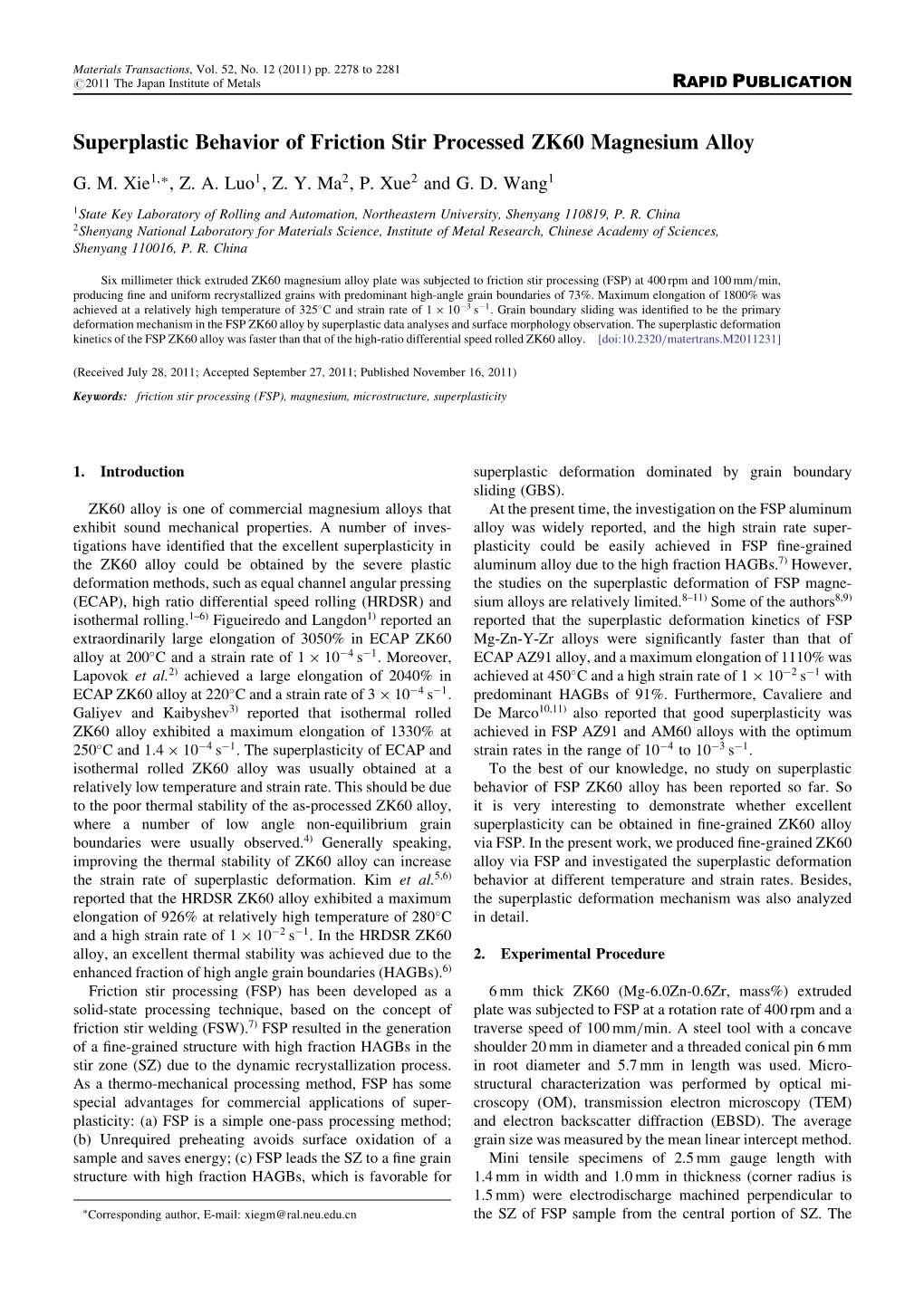 Superplastic Behavior of Friction Stir Processed ZK60 Magnesium Alloy