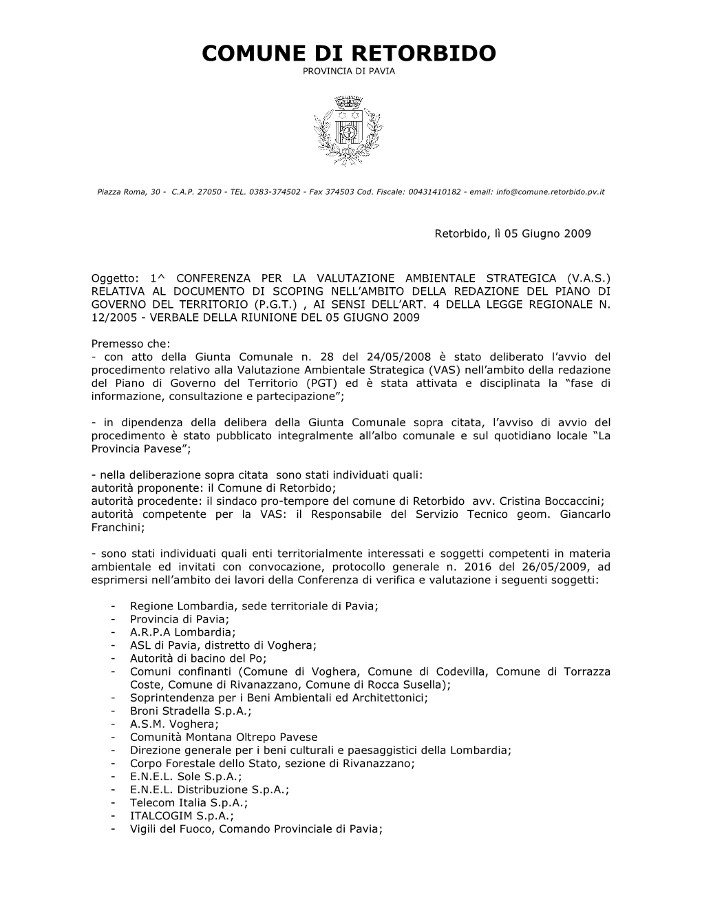 Comune Di Retorbido Provincia Di Pavia