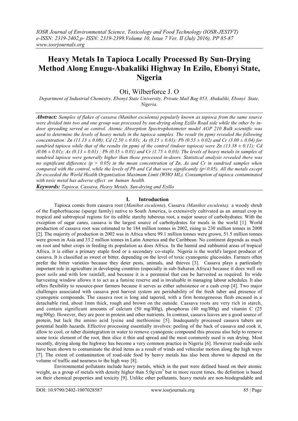 Heavy Metals in Tapioca Locally Processed by Sun-Drying Method Along Enugu-Abakaliki Highway in Ezilo, Ebonyi State, Nigeria