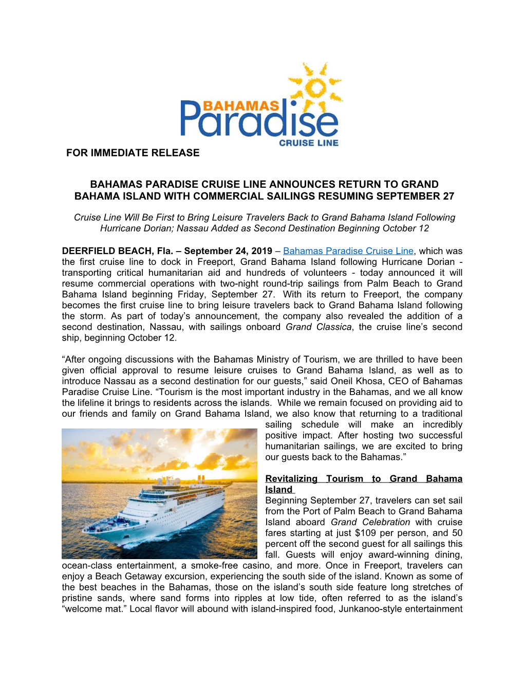 Bahamas Paradise Cruise Line Press Release 9-24-19
