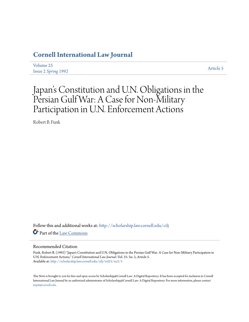 Japanâ•Žs Constitution and U.N. Obligations in the Persian Gulf War