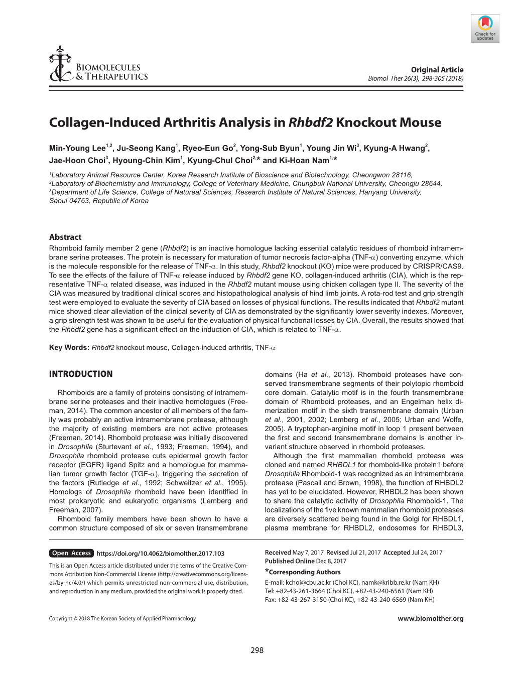 Collagen-Induced Arthritis Analysis in Rhbdf2 Knockout Mouse