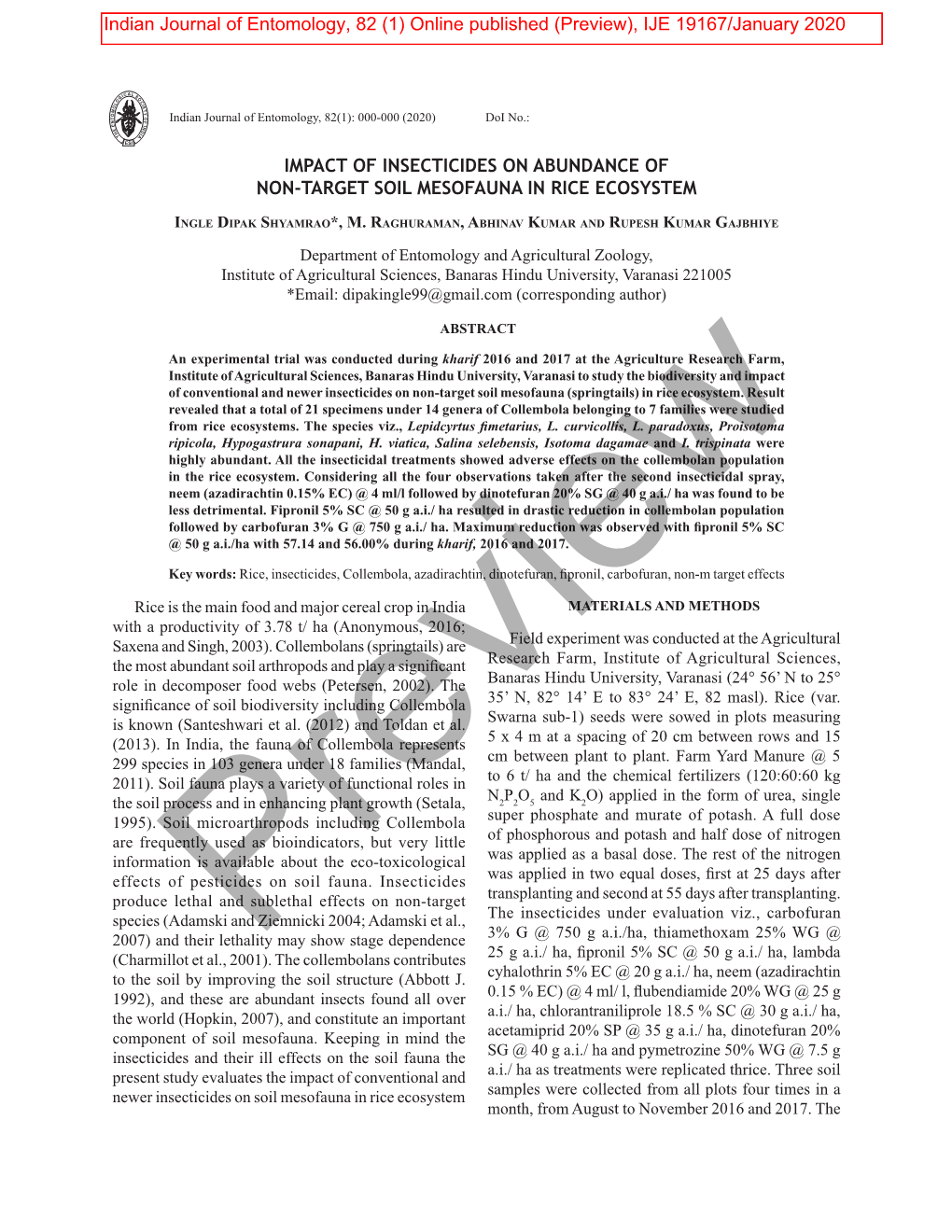 IMPACT of INSECTICIDES on ABUNDANCE of NON-TARGET SOIL MESOFAUNA in RICE ECOSYSTEM E:\ 82(1) 19167-Ingle Dipak Shyamrao 2020