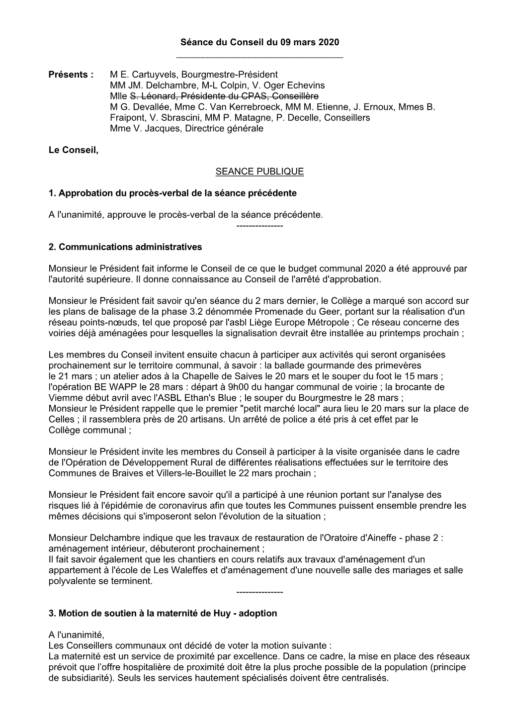 Séance Du Conseil Du 09 Mars 2020 ______