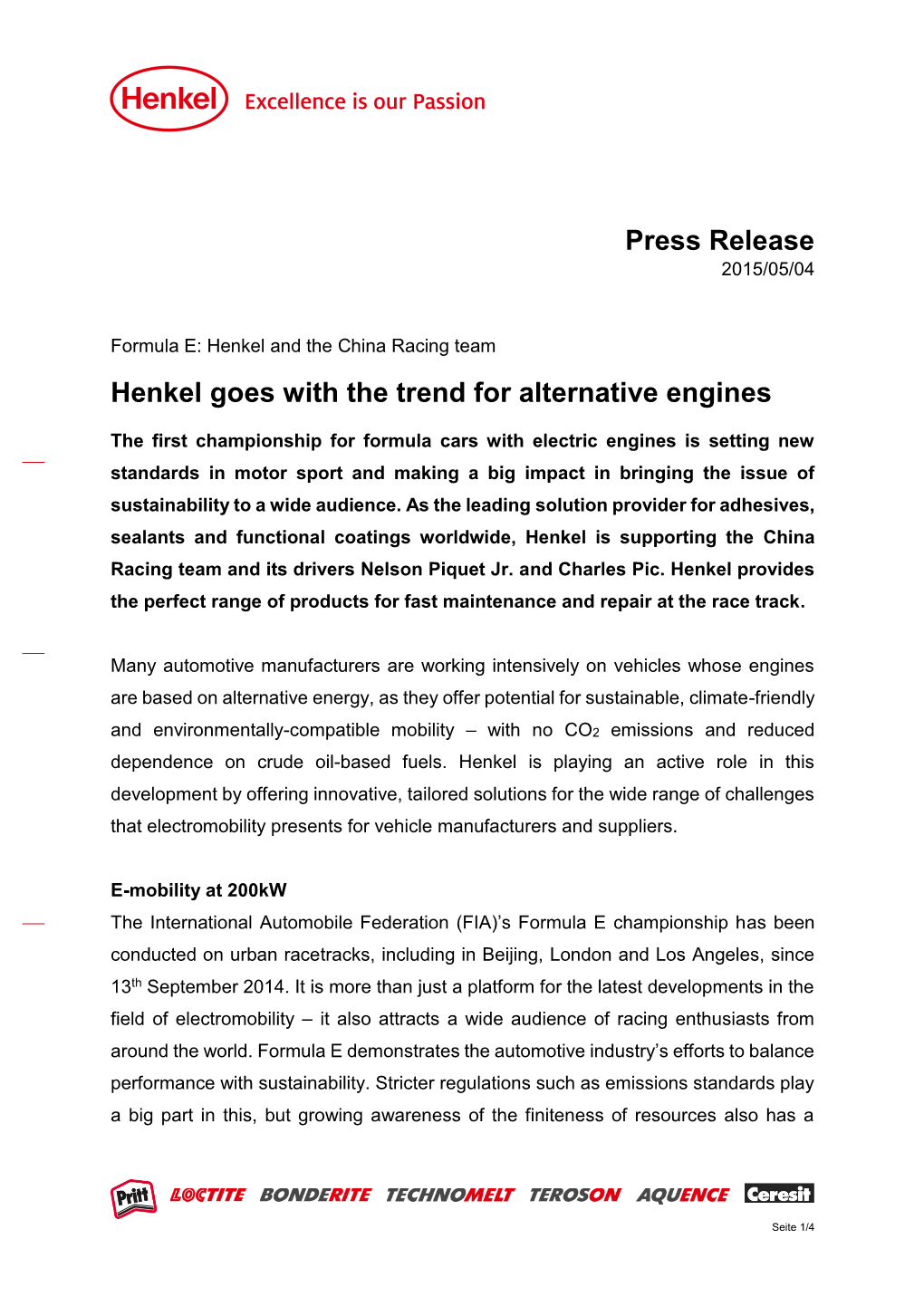 Press Release Henkel Goes with the Trend for Alternative Engines