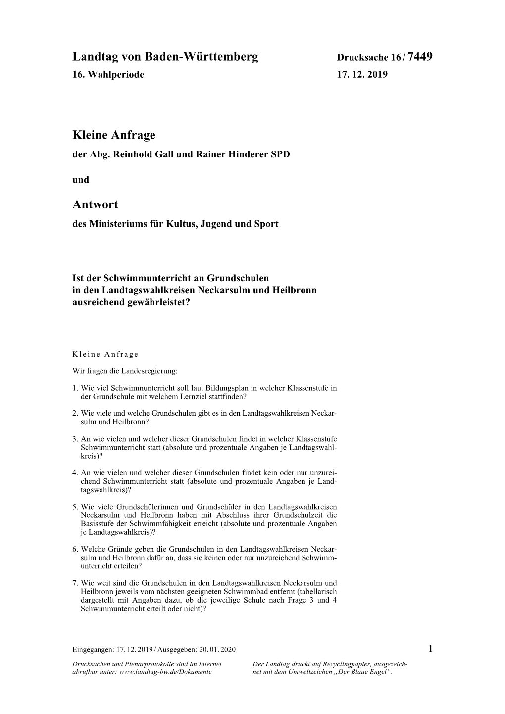 Ist Der Schwimmunterricht an Grundschulen in Den Landtagswahlkreisen Neckarsulm Und Heilbronn Ausreichend Gewährleistet?