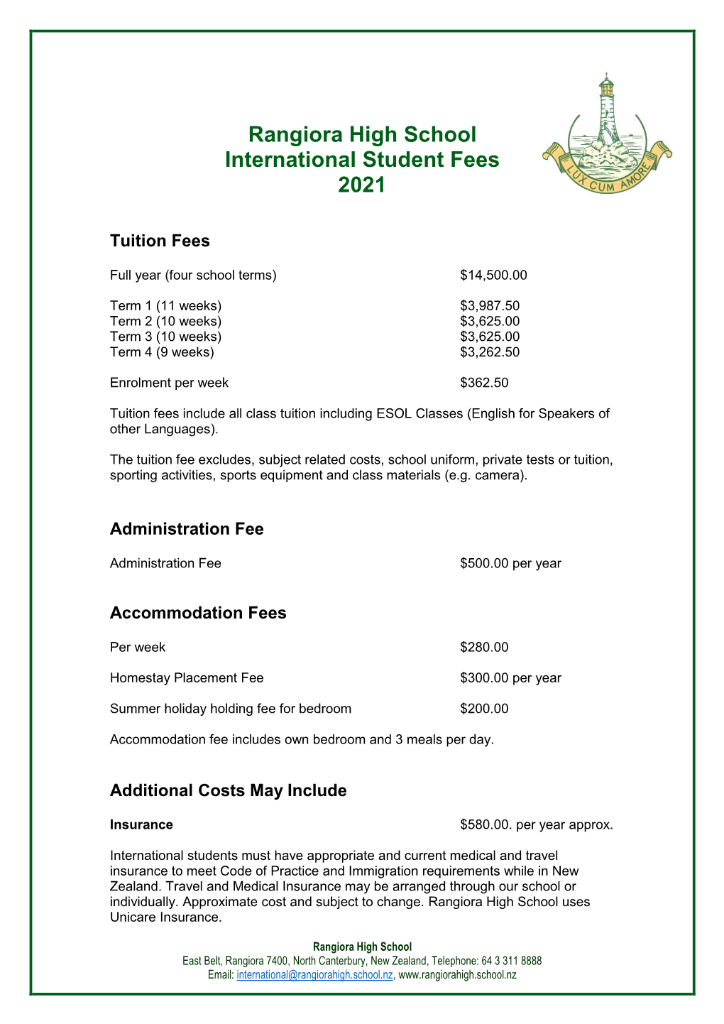 Rangiora High School International Student Fees 2021