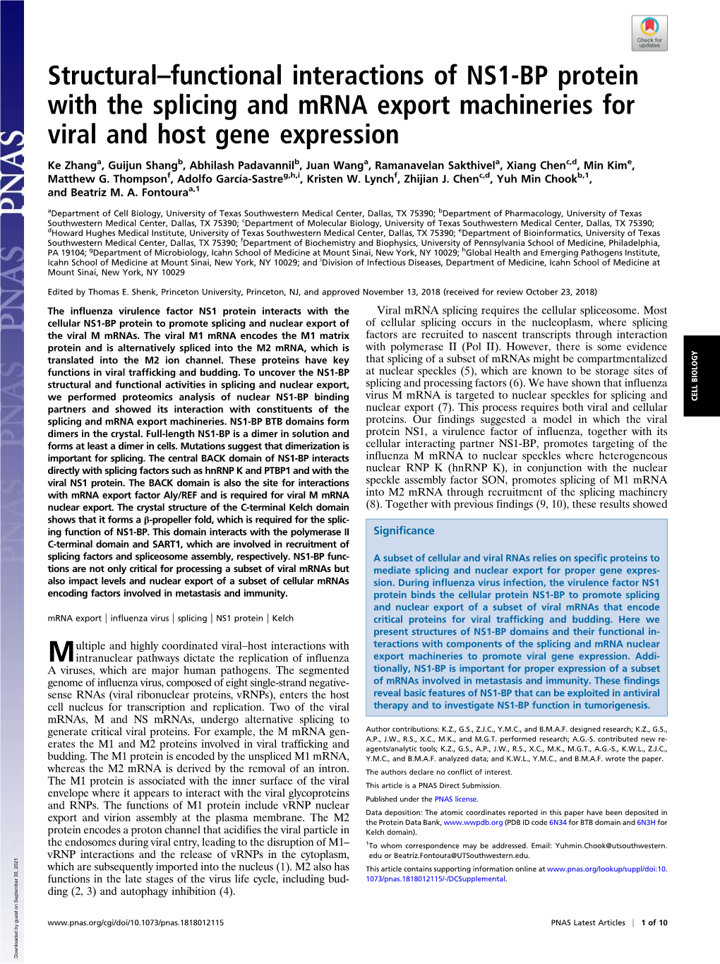 Structural–Functional Interactions of NS1-BP Protein with the Splicing and Mrna Export Machineries for Viral and Host Gene Expression