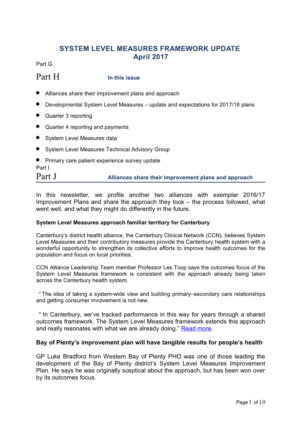 System Level Measures Framework Update: April 2017