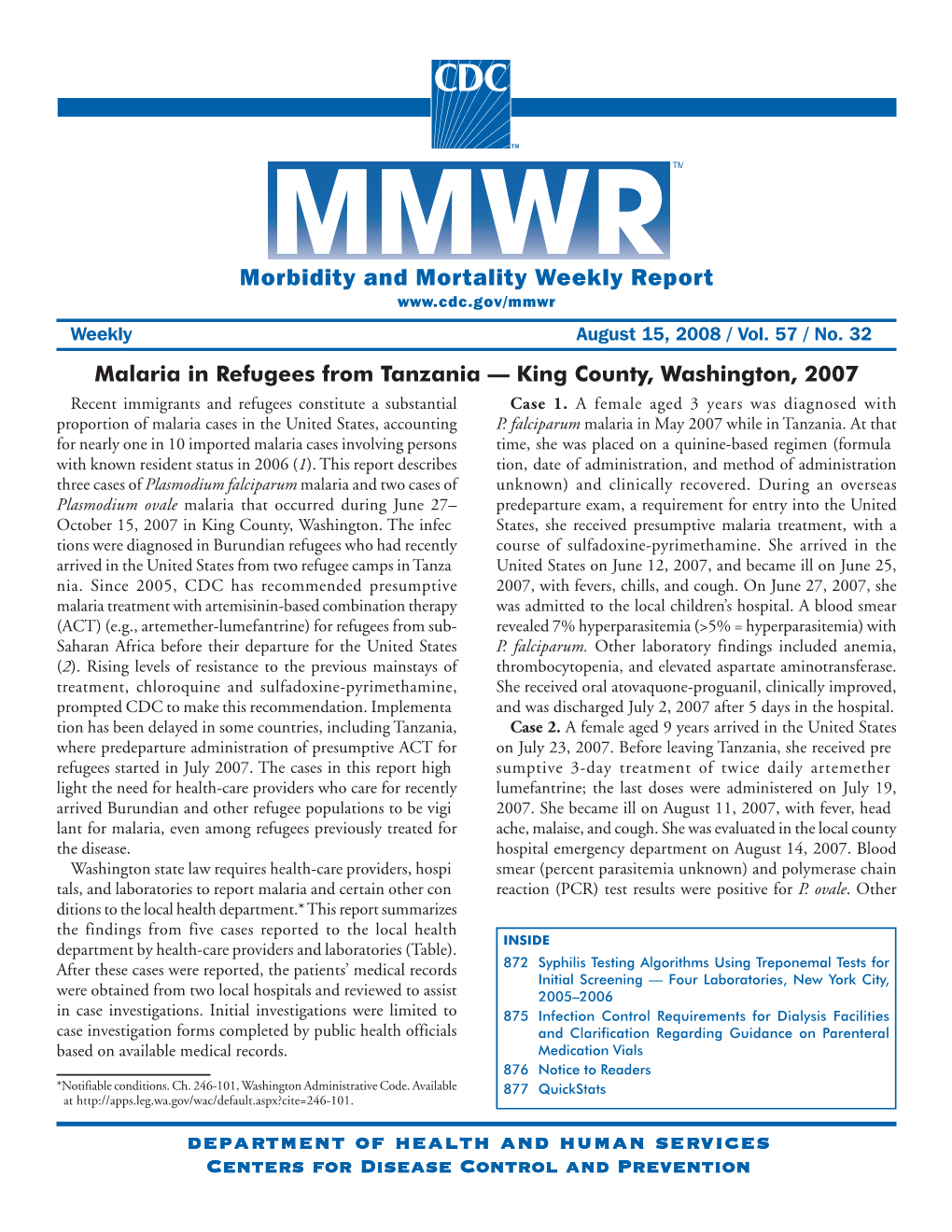 Morbidity and Mortality Weekly Report Department of Health and Human