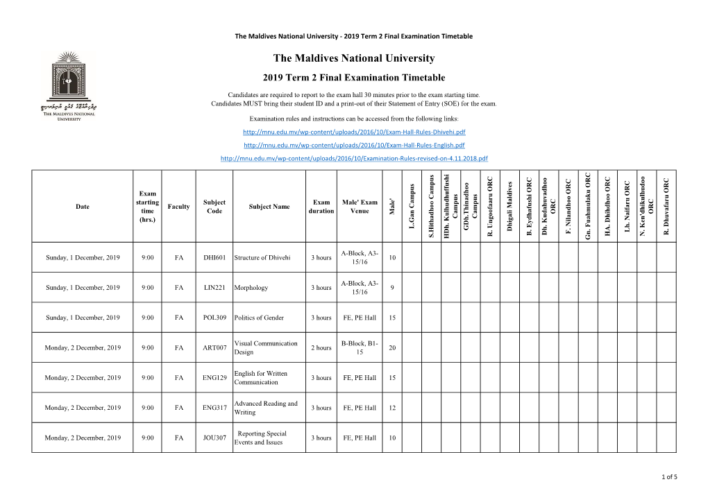 The Maldives National University - 2019 Term 2 Final Examination Timetable