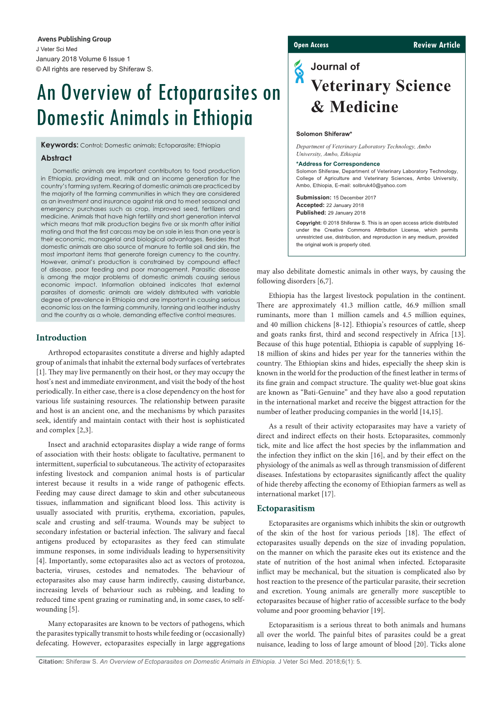 An Overview of Ectoparasites on Domestic Animals in Ethiopia