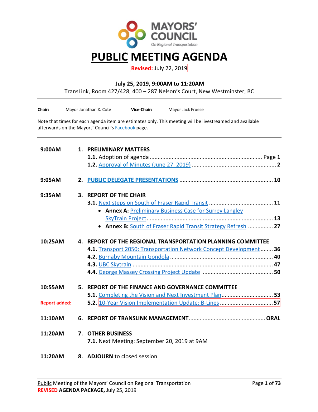 PUBLIC MEETING AGENDA Revised: July 22, 2019