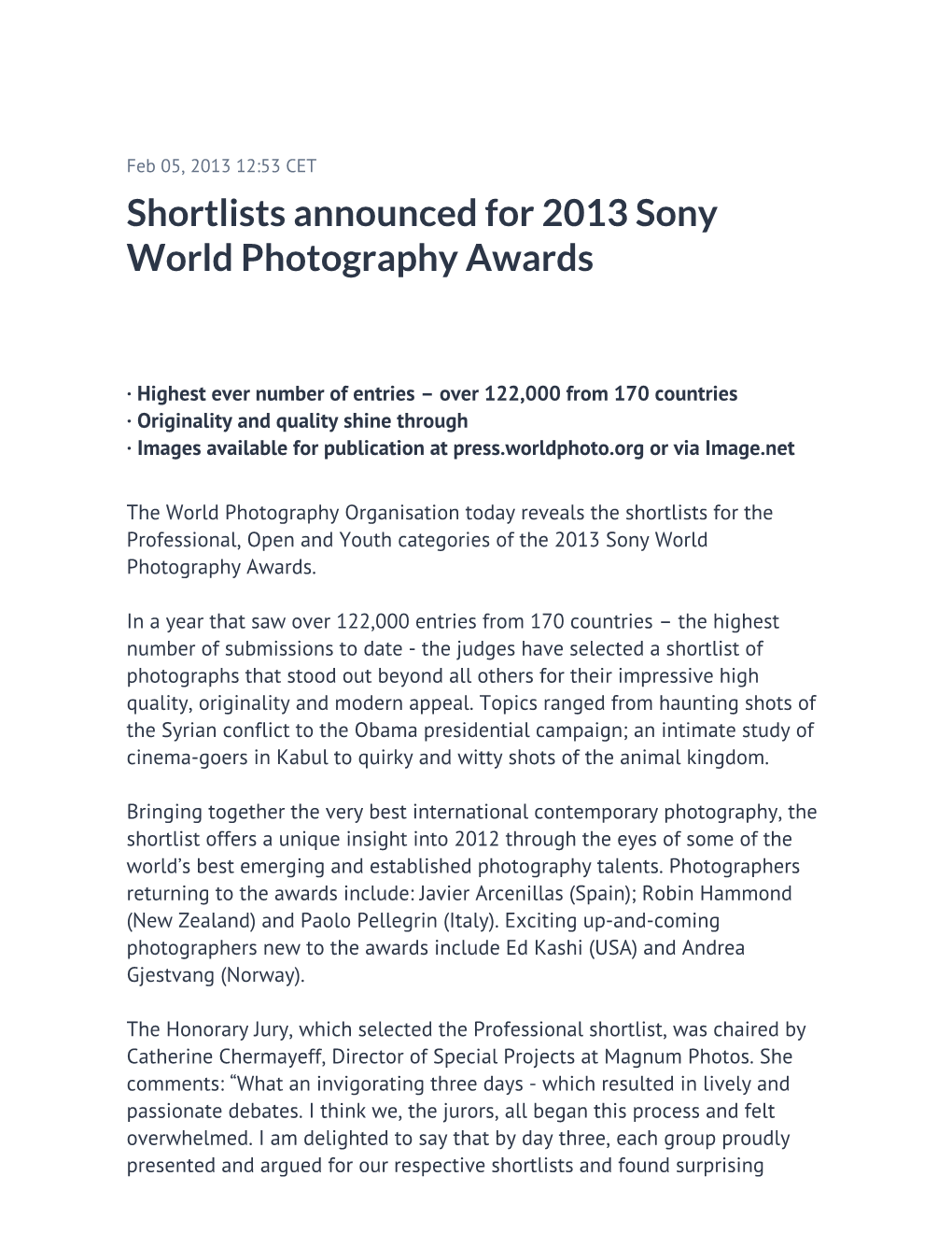 Shortlists Announced for 2013 Sony World Photography Awards