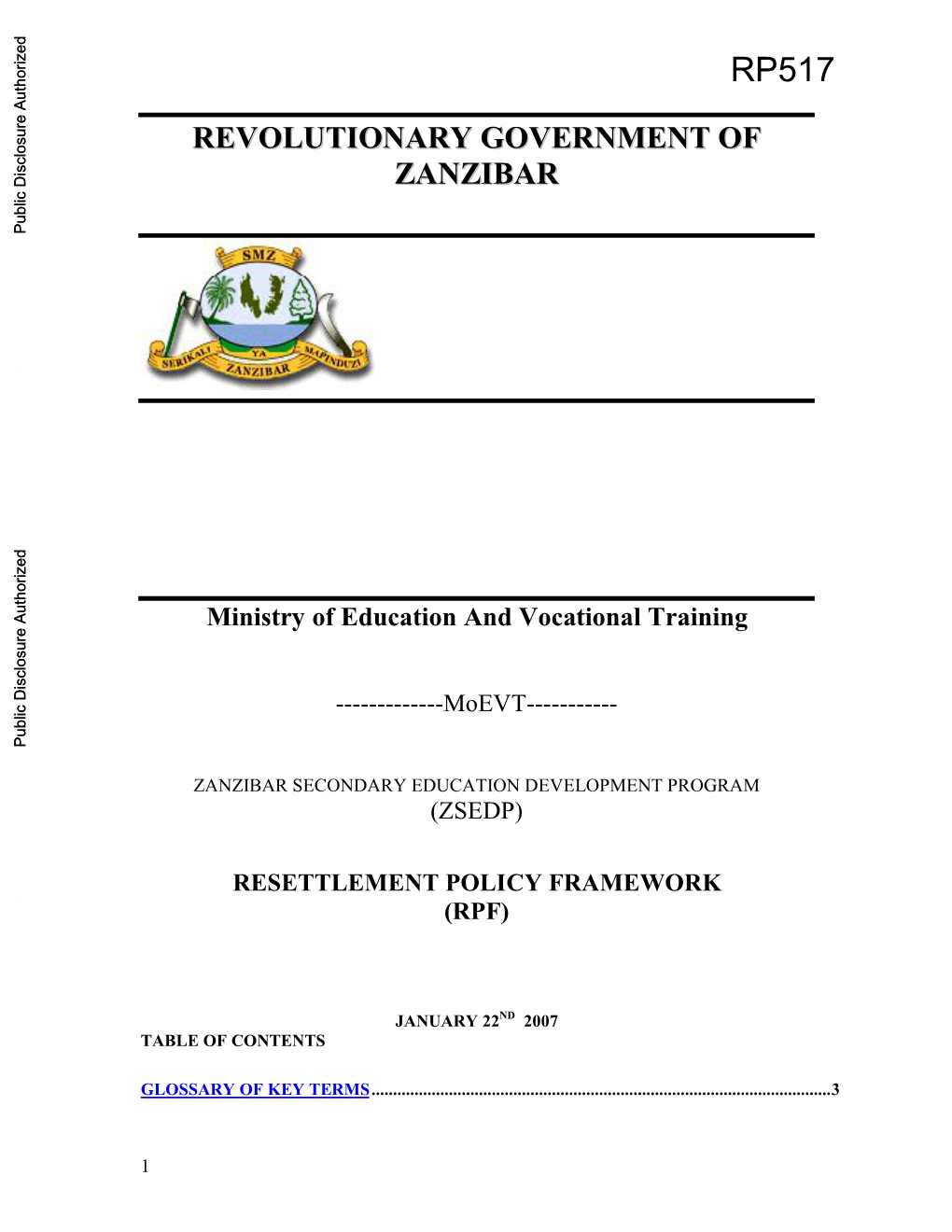 REVOLUTIONARY GOVERNMENT of ZANZIBAR Public Disclosure Authorized Public Disclosure Authorized