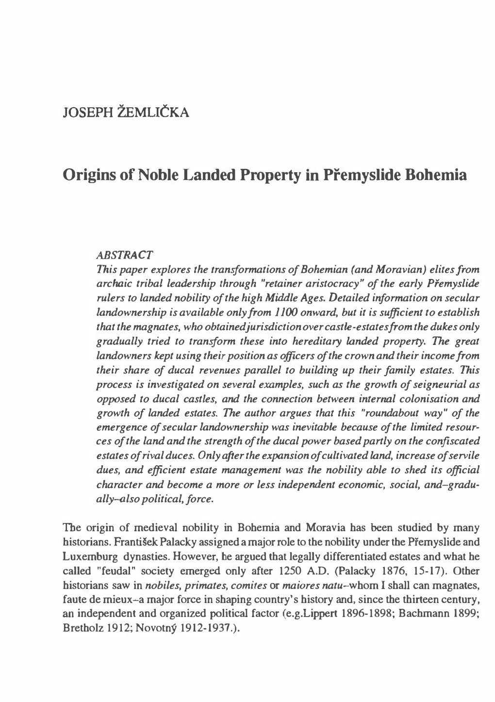 Origins of Noble Landed Property in Premyslide Bohemia