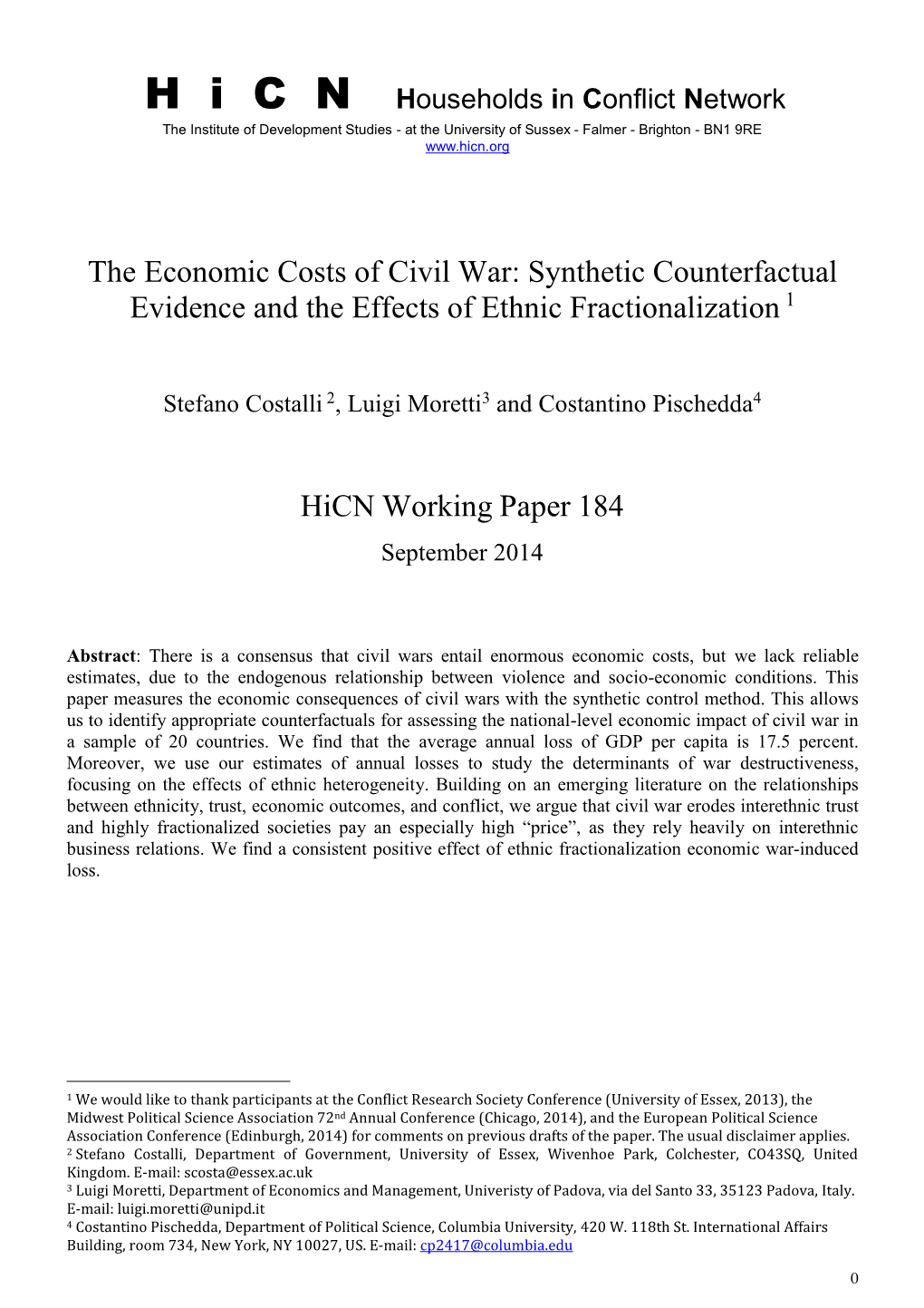 The Economic Costs of Civil War: Synthetic Counterfactual Evidence and the Effects of Ethnic Fractionalization 1