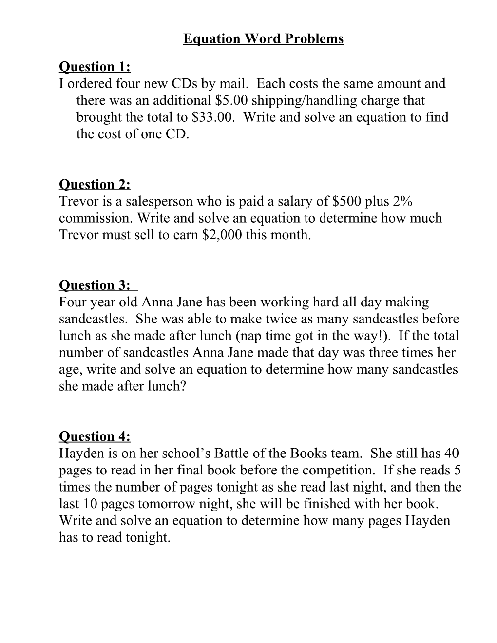 Chapter 10 Word Problems