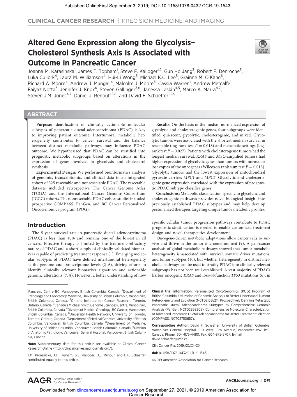 Altered Gene Expression Along the Glycolysis– Cholesterol Synthesis Axis Is Associated with Outcome in Pancreatic Cancer Joanna M