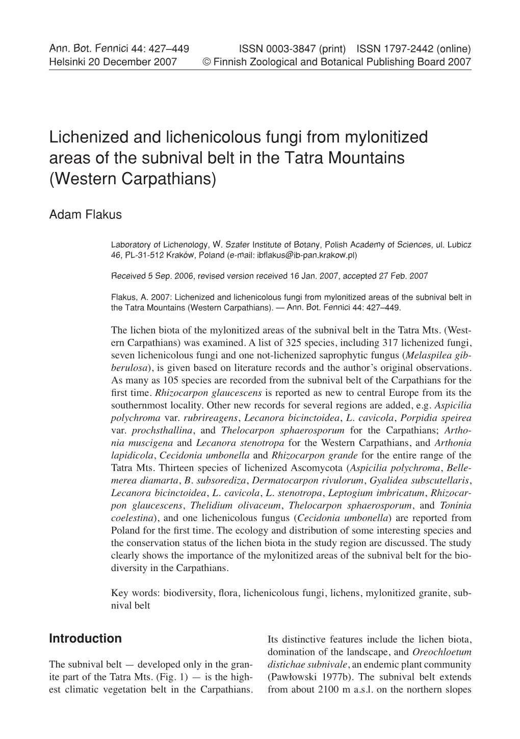 Lichenized and Lichenicolous Fungi from Mylonitized Areas of the Subnival Belt in the Tatra Mountains (Western Carpathians)