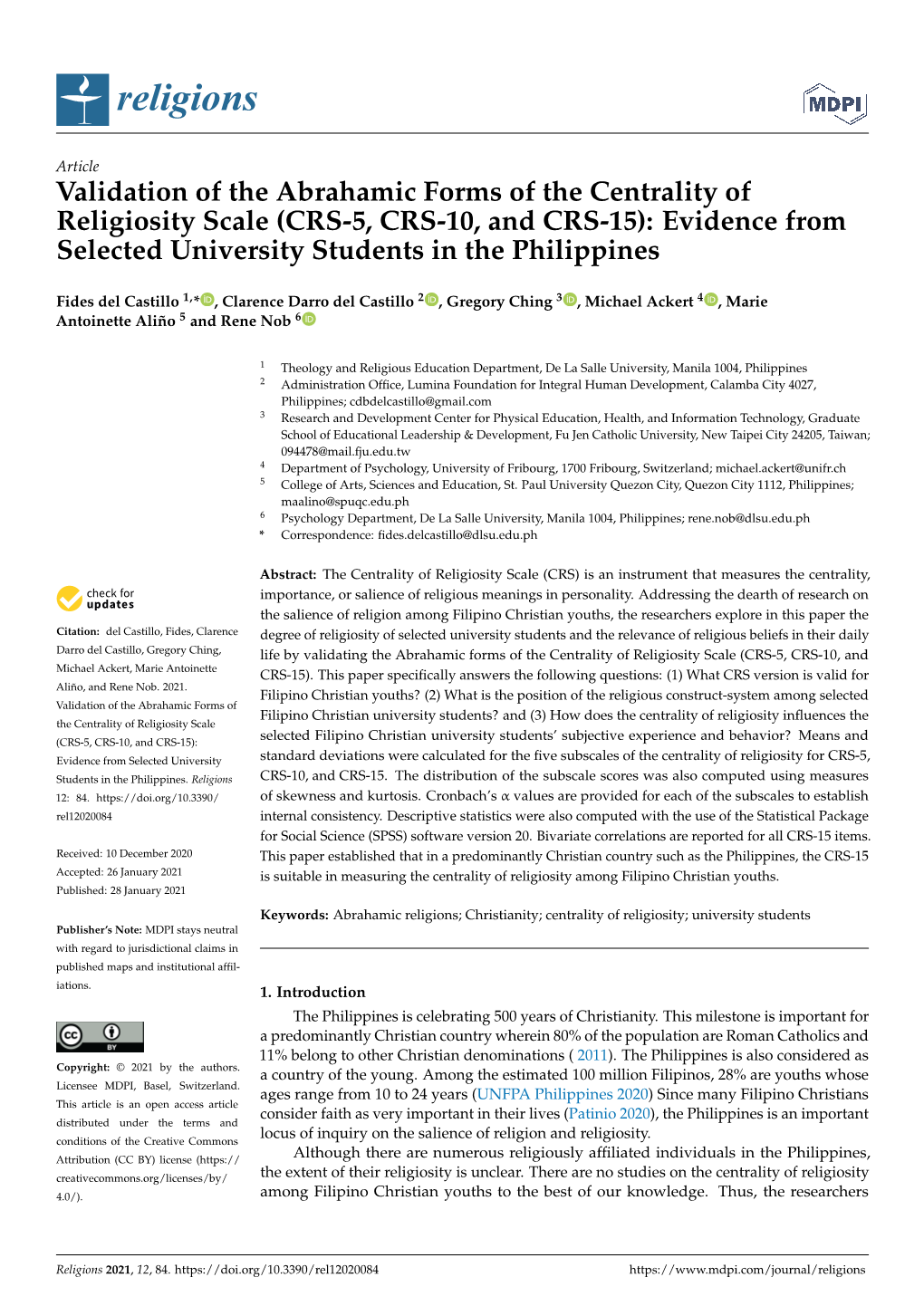 Validation of the Abrahamic Forms of the Centrality of Religiosity Scale (CRS-5, CRS-10, and CRS-15): Evidence from Selected University Students in the Philippines