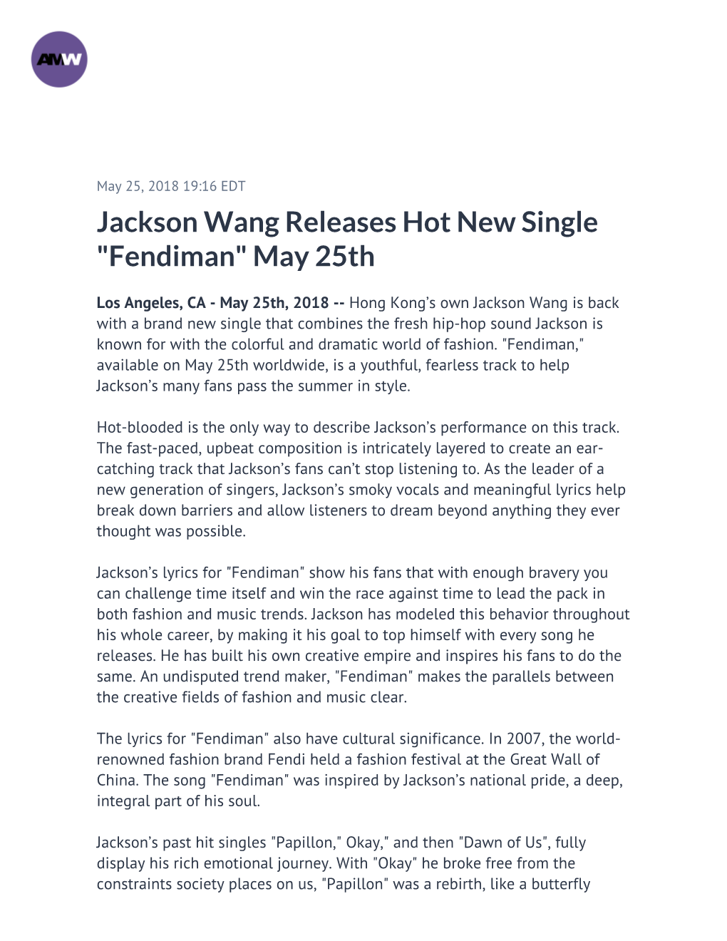 Jackson Wang Releases Hot New Single "Fendiman" May 25Th