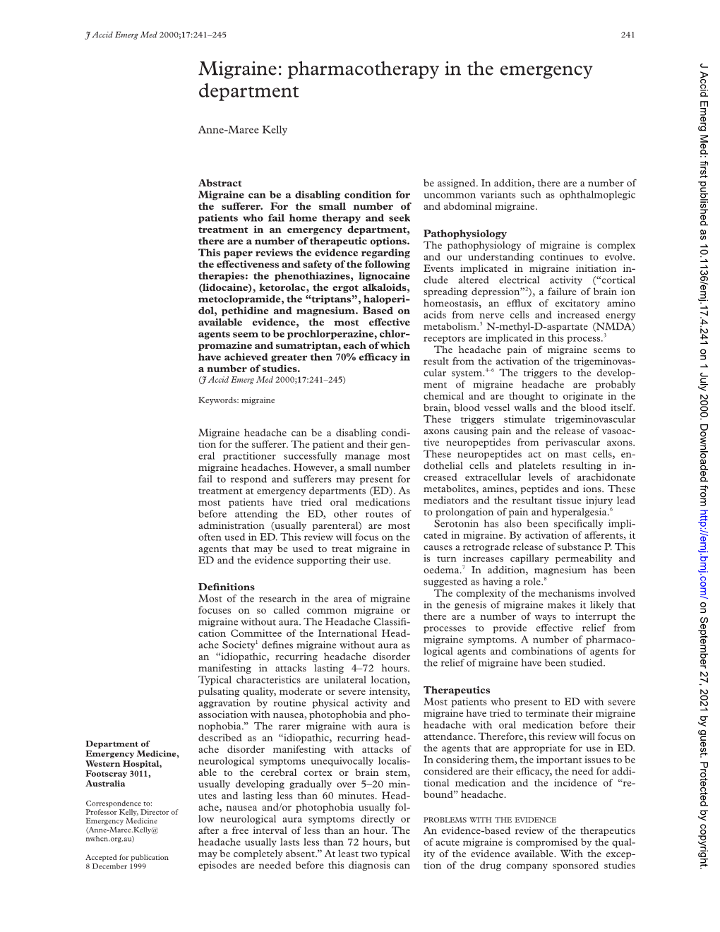 Migraine: Pharmacotherapy in the Emergency Department 243