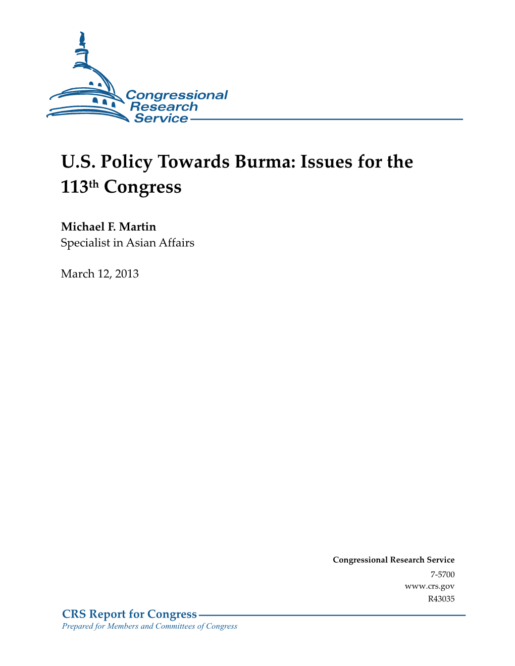 U.S. Policy Towards Burma: Issues for the 113Th Congress