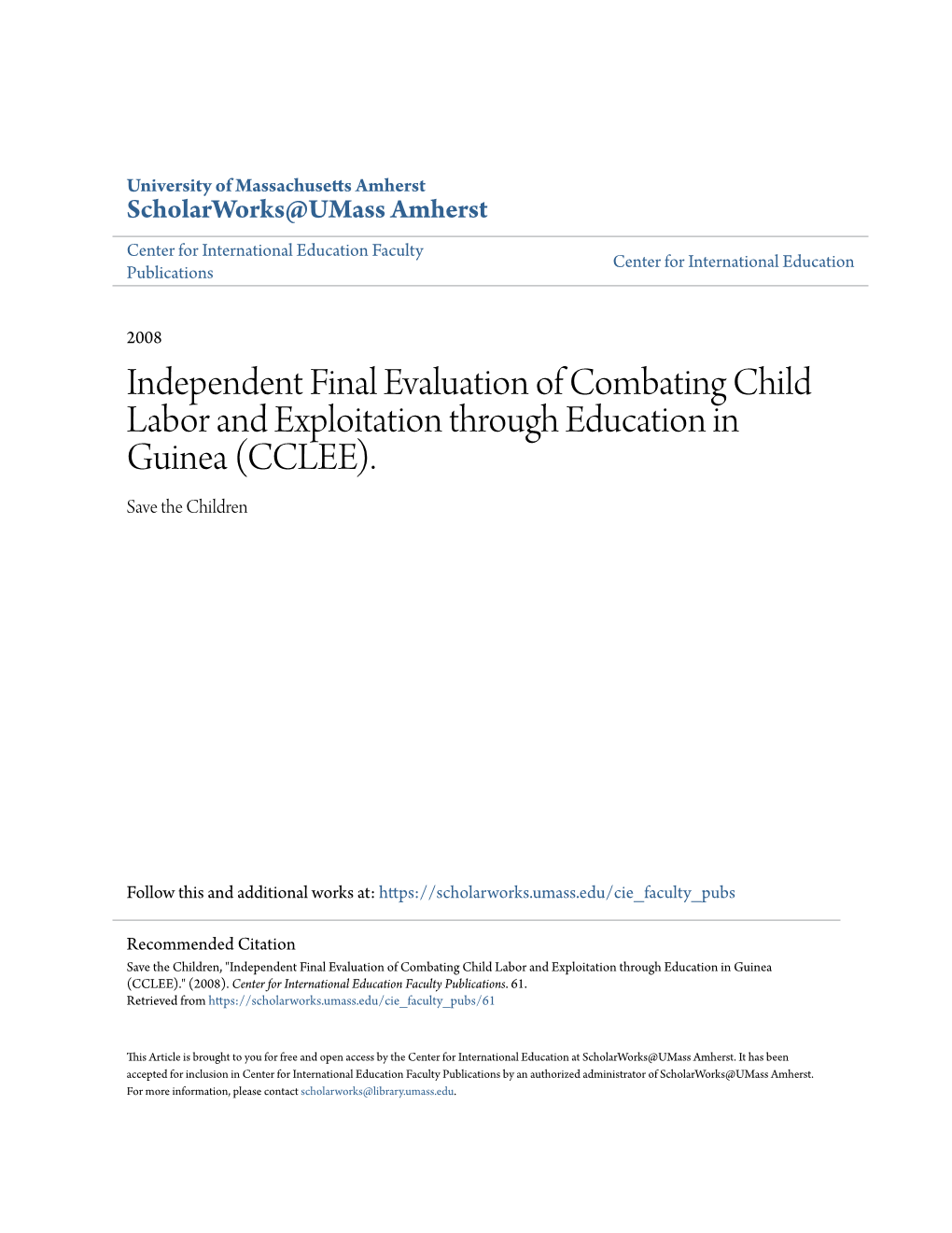 Independent Final Evaluation of Combating Child Labor and Exploitation Through Education in Guinea (CCLEE)