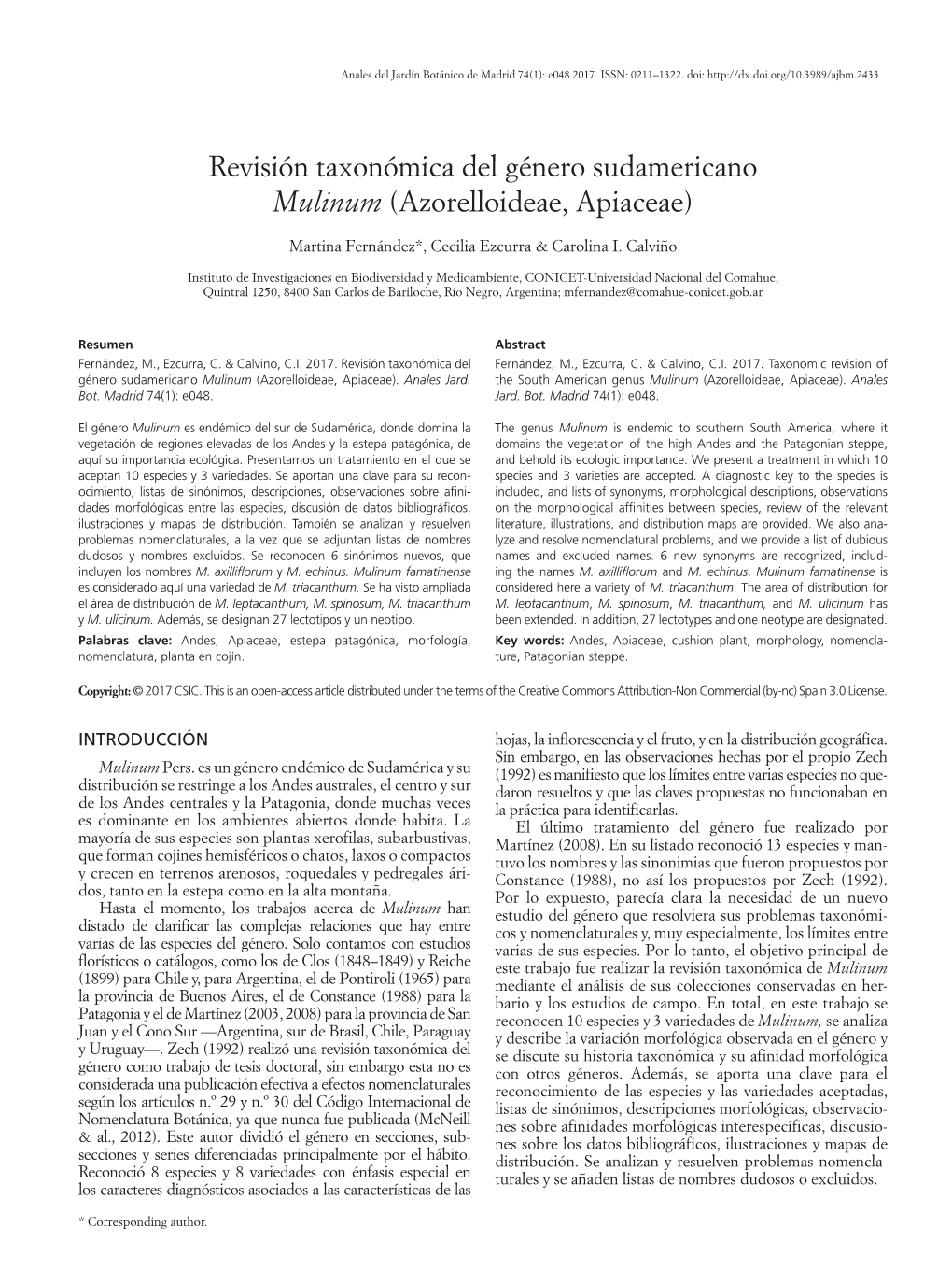 Revisión Taxonómica Del Género Sudamericano Mulinum (Azorelloideae, Apiaceae)