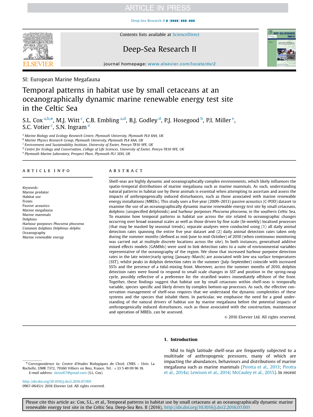 Temporal Patterns in Habitat Use by Small Cetaceans at an Oceanographically Dynamic Marine Renewable Energy Test Site in the Celtic Sea