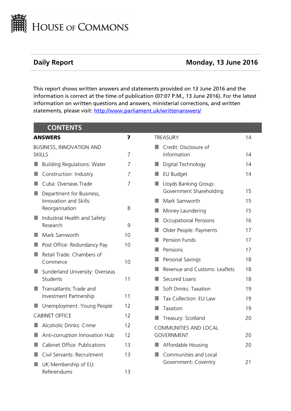Daily Report Monday, 13 June 2016 CONTENTS
