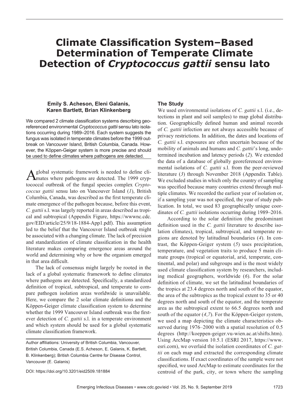 Climate Classification System–Based Determination of Temperate Climate Detection of Cryptococcus Gattii Sensu Lato