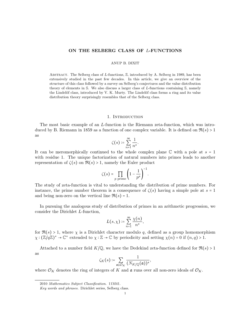 On the Selberg Class of L-Functions