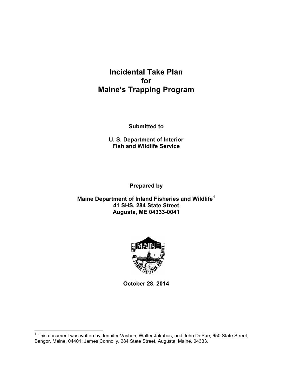 2014 Incidental Take Plan for Maine's