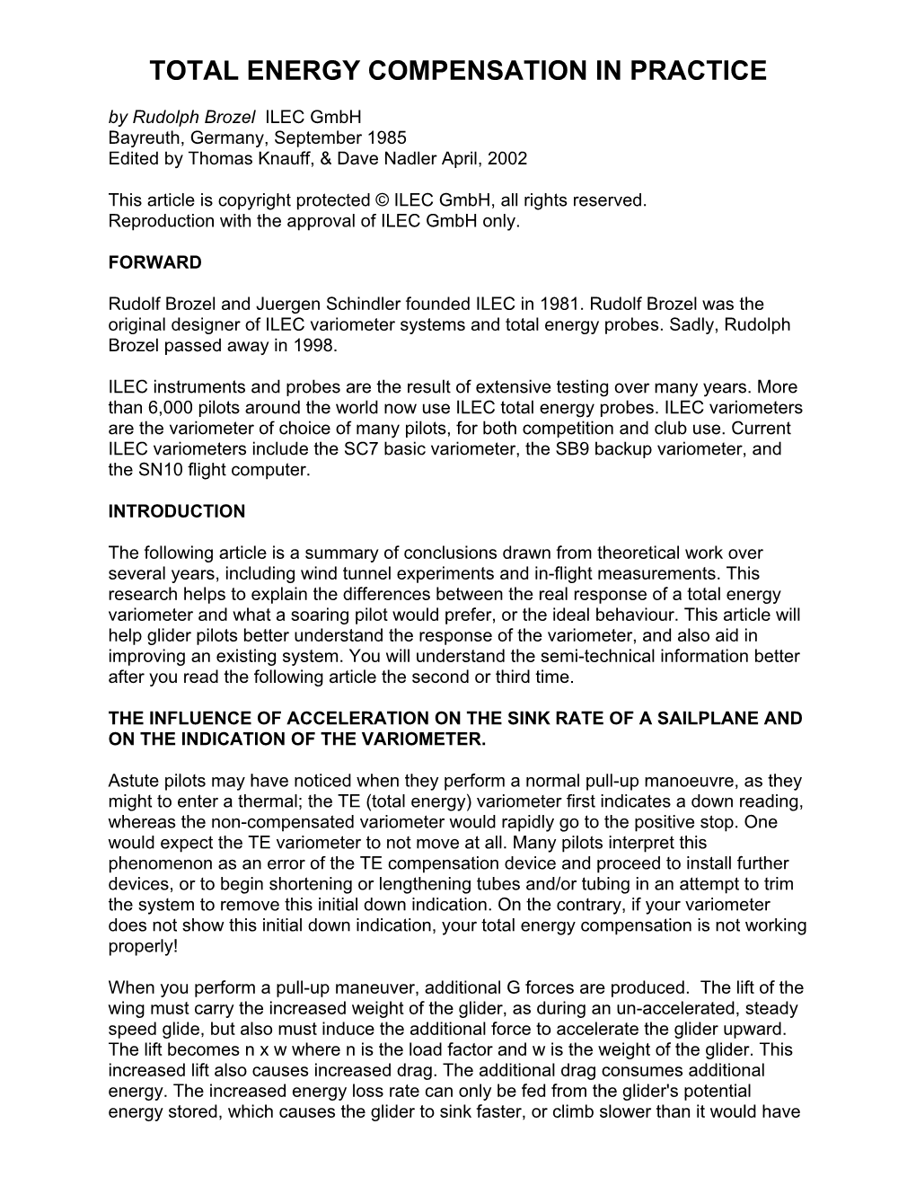 TOTAL ENERGY COMPENSATION in PRACTICE by Rudolph Brozel ILEC Gmbh Bayreuth, Germany, September 1985 Edited by Thomas Knauff, & Dave Nadler April, 2002