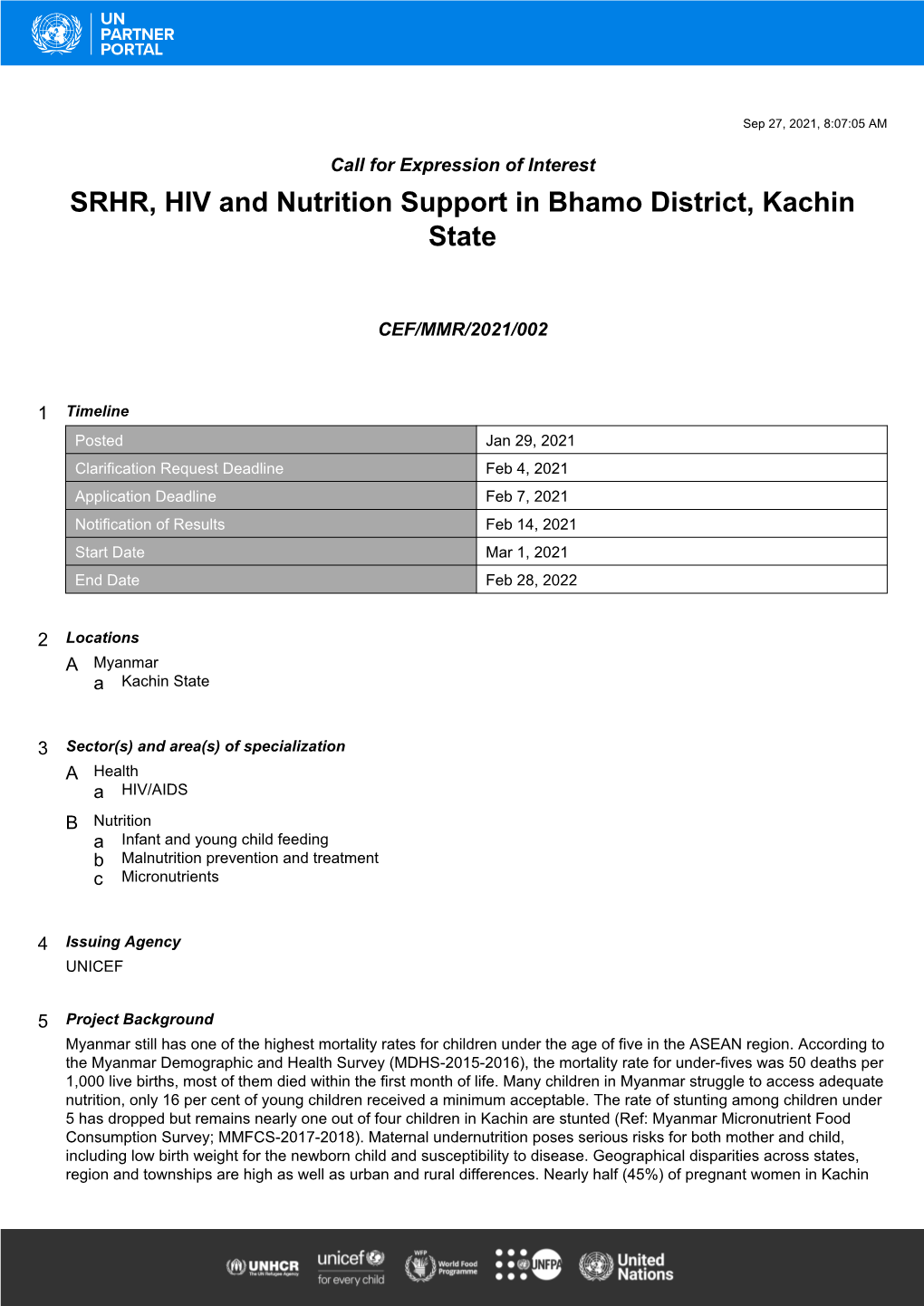 SRHR, HIV and Nutrition Support in Bhamo District, Kachin State