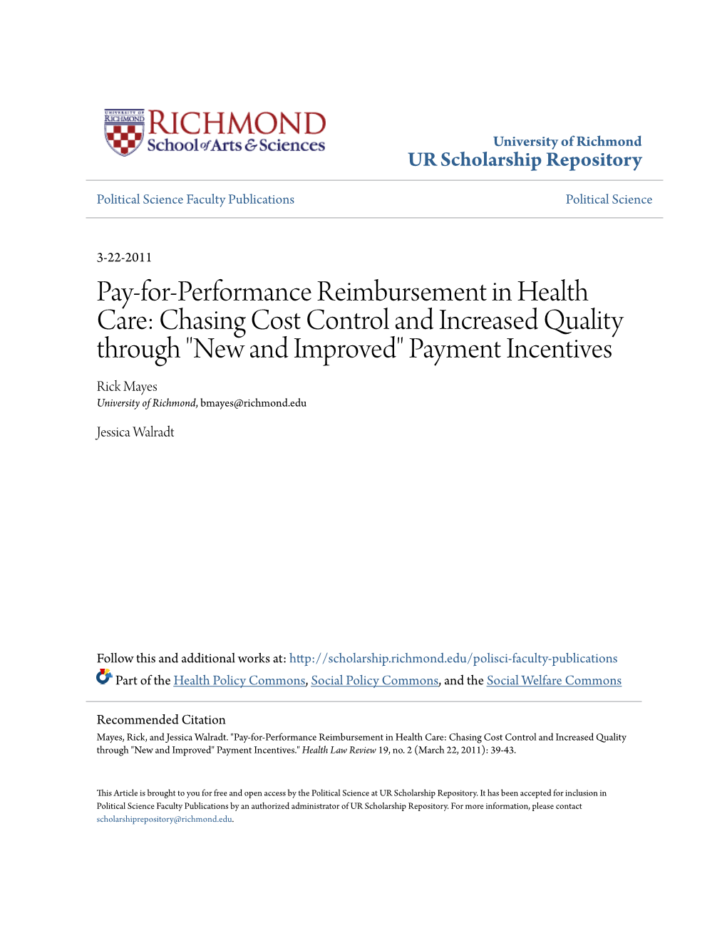 Pay-For-Performance Reimbursement in Health Care