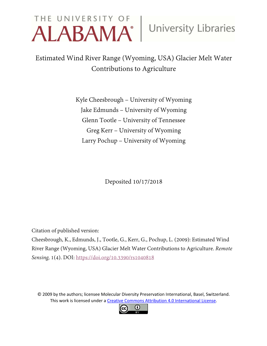 Estimated Wind River Range (Wyoming, USA) Glacier Melt Water Contributions to Agriculture