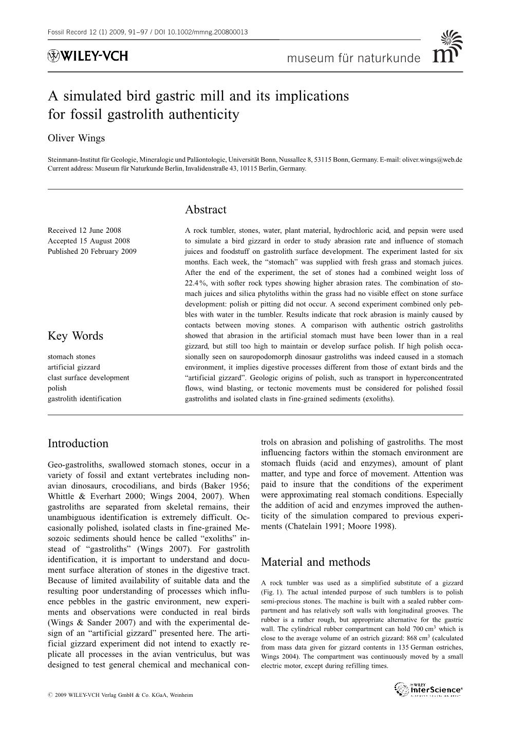 A Simulated Bird Gastric Mill and Its Implications for Fossil Gastrolith Authenticity