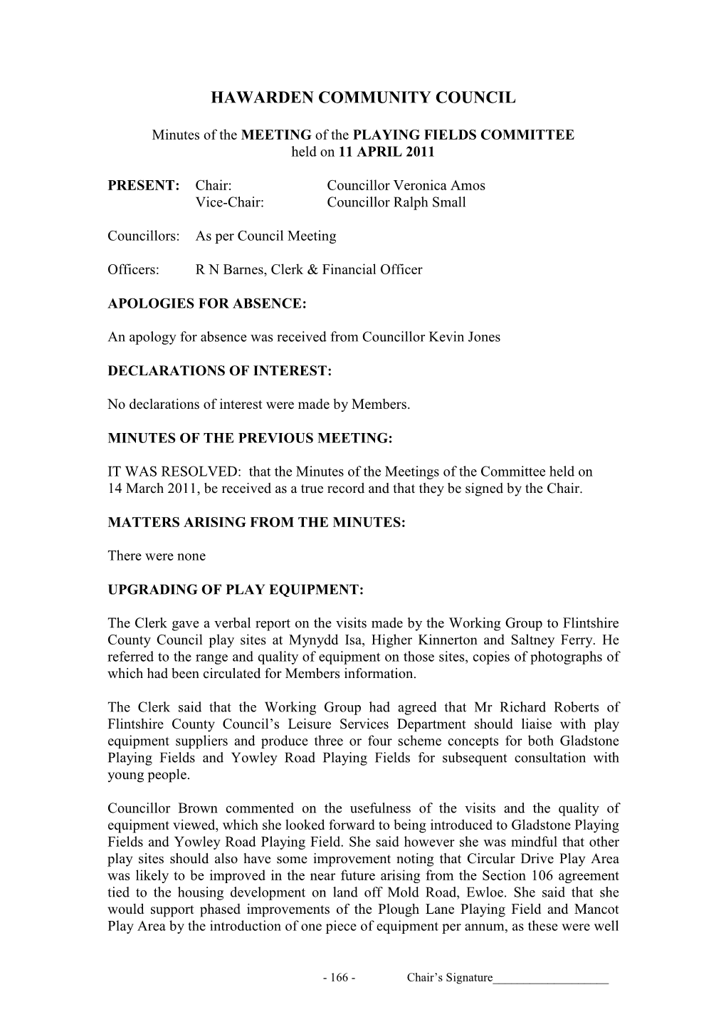 Minutes of the MEETING of the PLAYING FIELDS COMMITTEE Held on 11 APRIL 2011
