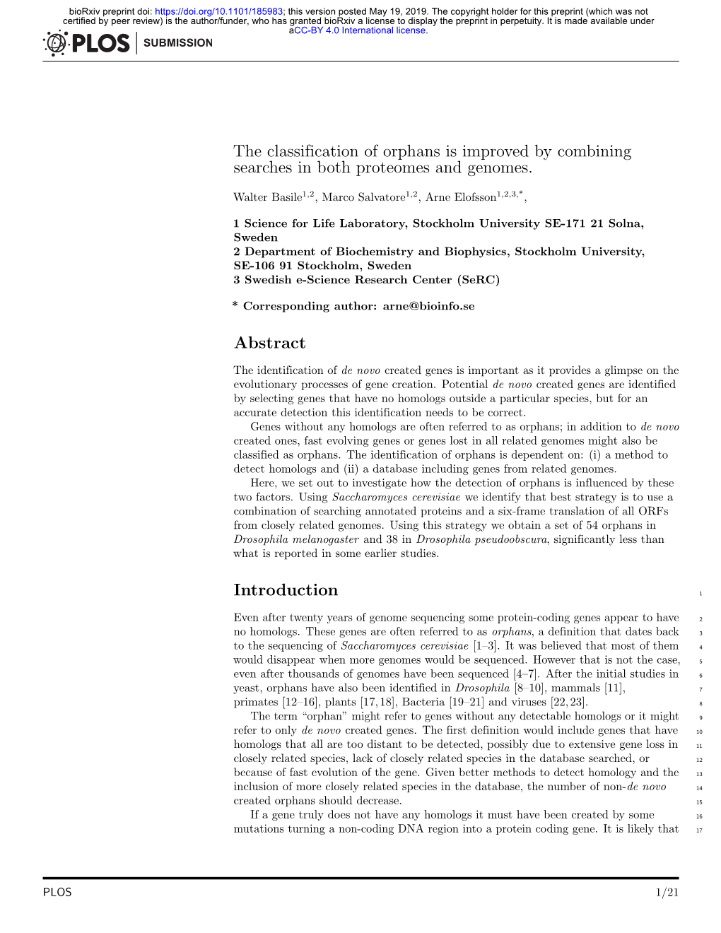 The Classification of Orphans Is Improved by Combining Searches in Both Proteomes and Genomes