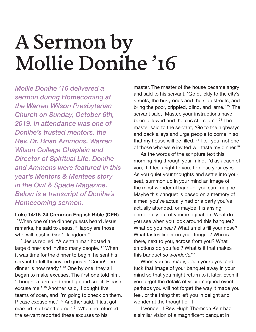 Ministering to Her Mentor: Mollie Donihe's Homecoming Sermon
