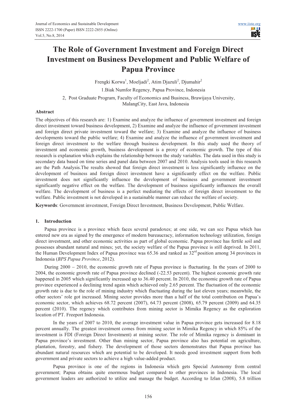 The Role of Government Investment and Foreign Direct Investment on Business Development and Public Welfare of Papua Province