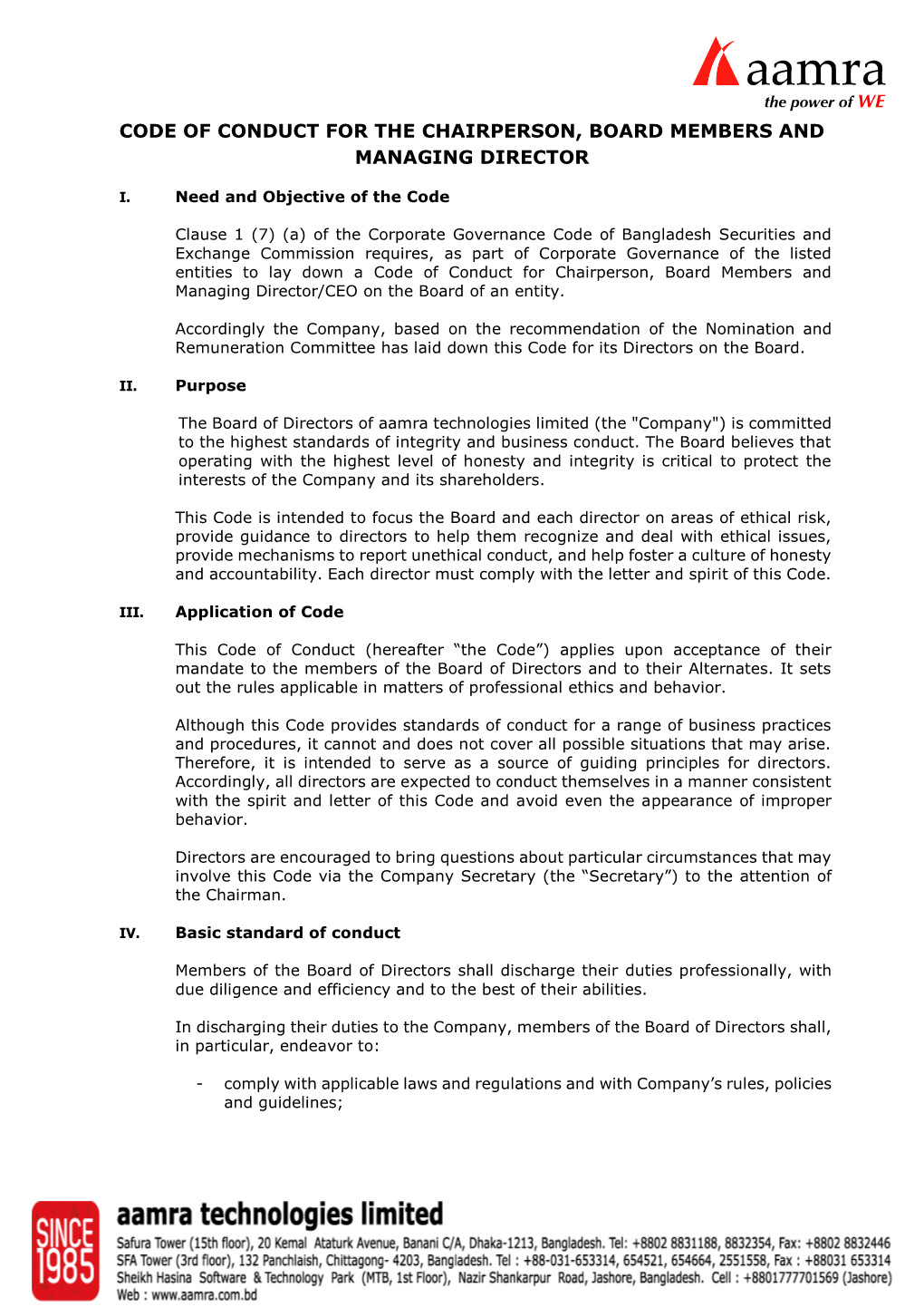 Code of Conduct for the Chairperson, Board Members and Managing Director