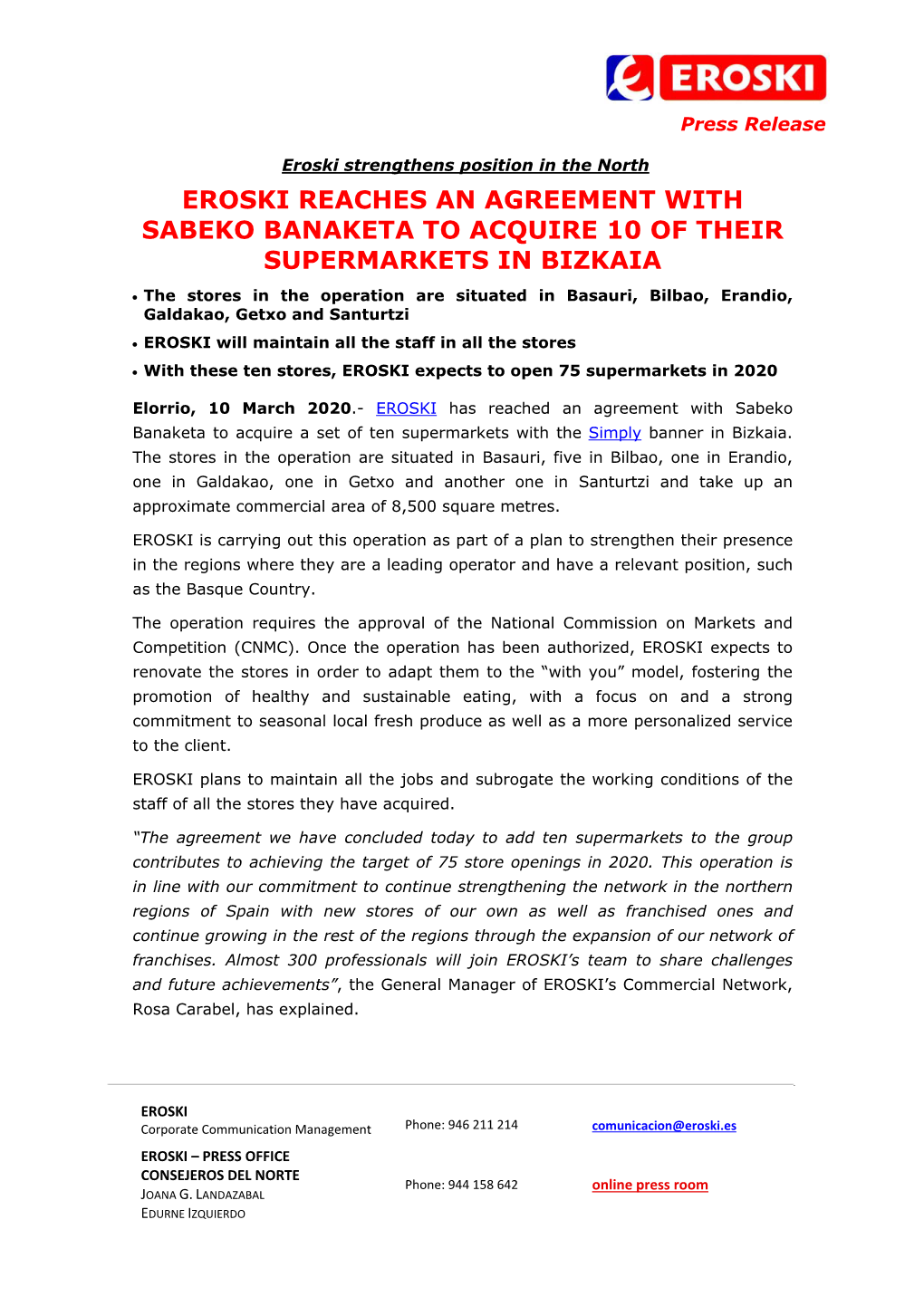 Eroski Reaches an Agreement with Sabeko Banaketa to Acquire 10 of Their Supermarkets in Bizkaia
