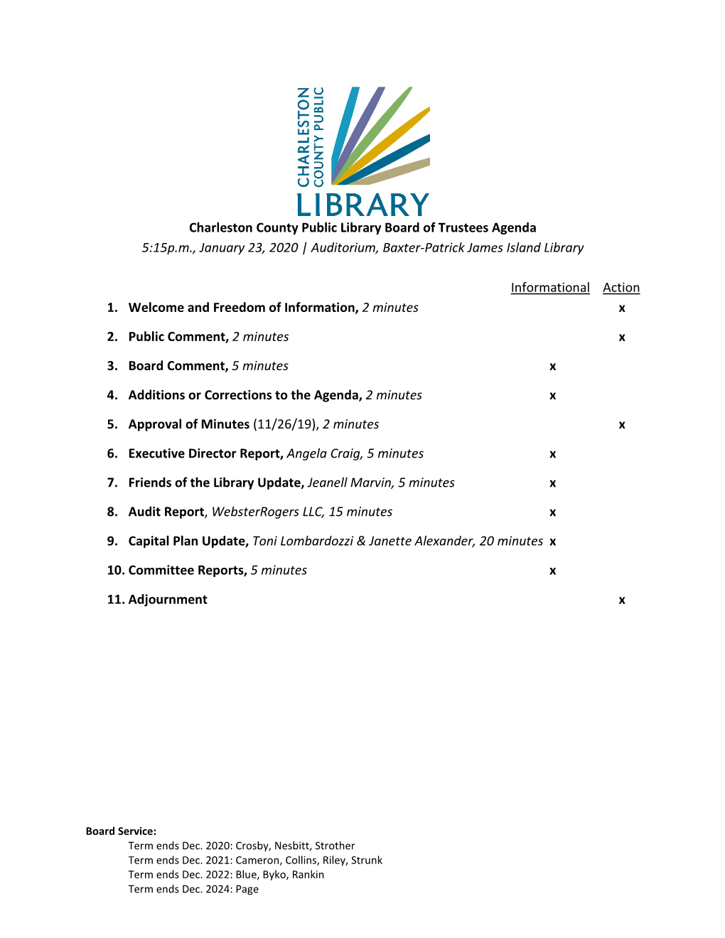 Charleston County Public Library Board of Trustees Agenda 5:15P.M., January 23, 2020 | Auditorium, Baxter-Patrick James Island Library