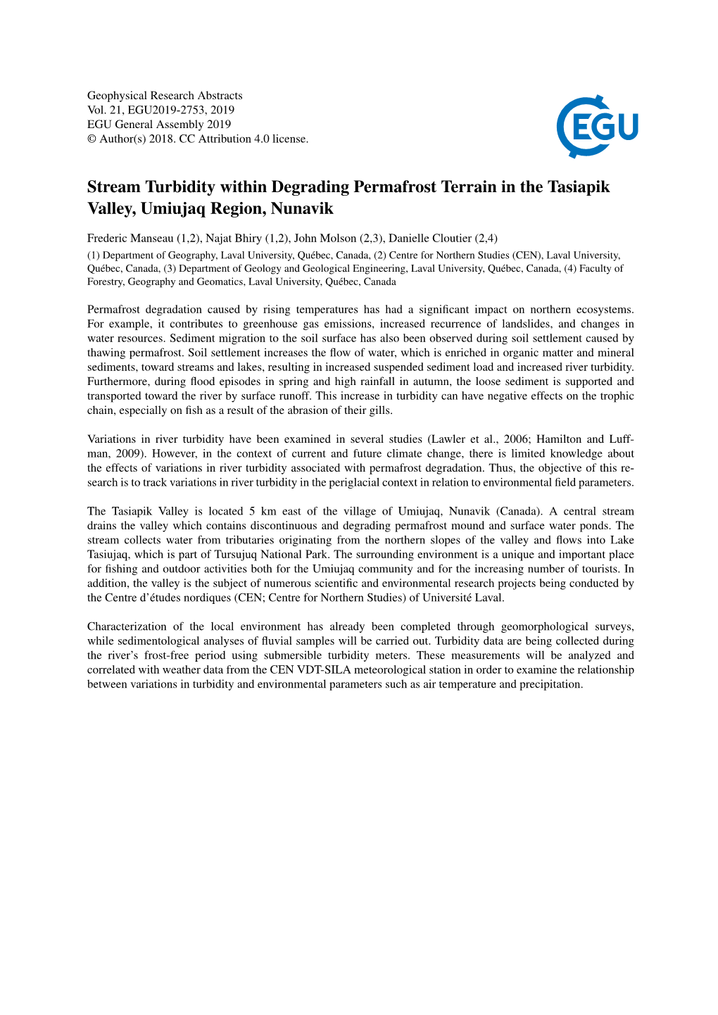 Stream Turbidity Within Degrading Permafrost Terrain in the Tasiapik Valley, Umiujaq Region, Nunavik