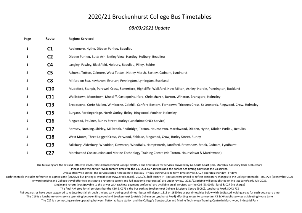 2020/21 Brockenhurst College Bus Timetables
