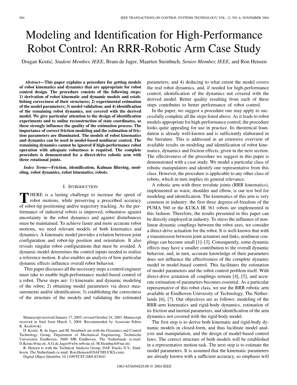 Modeling and Identification for High-Performance Robot Control